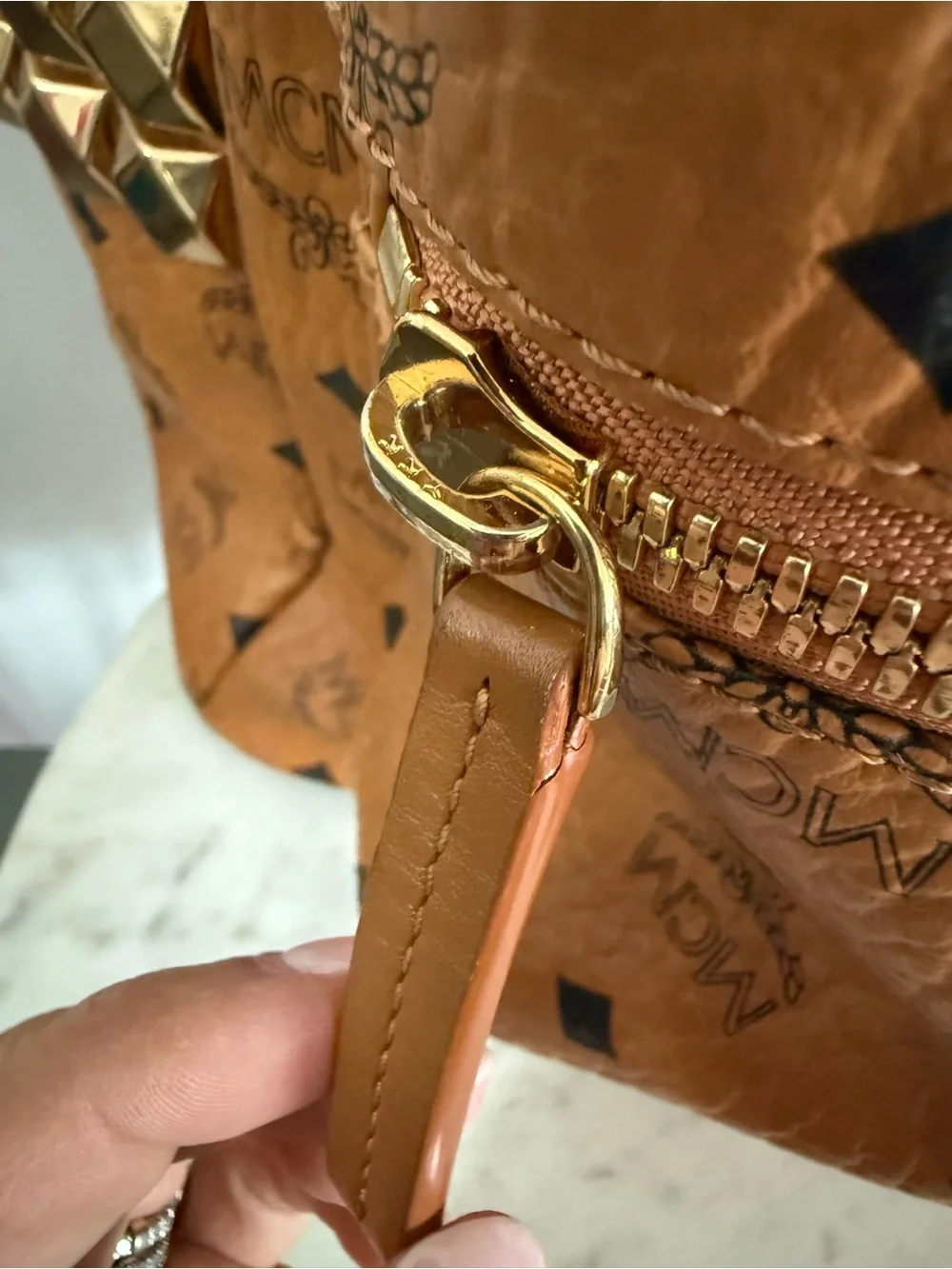 MCM Cognac Viestos Medium-Size Backpack with Monogram Side Studded Stark
